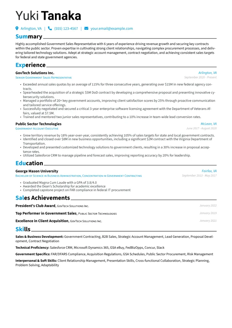 Government Sales Representative Resume Example CV template preview