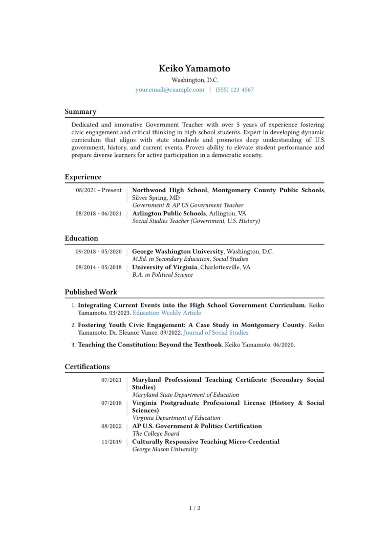 Government Teacher Resume Example CV template preview