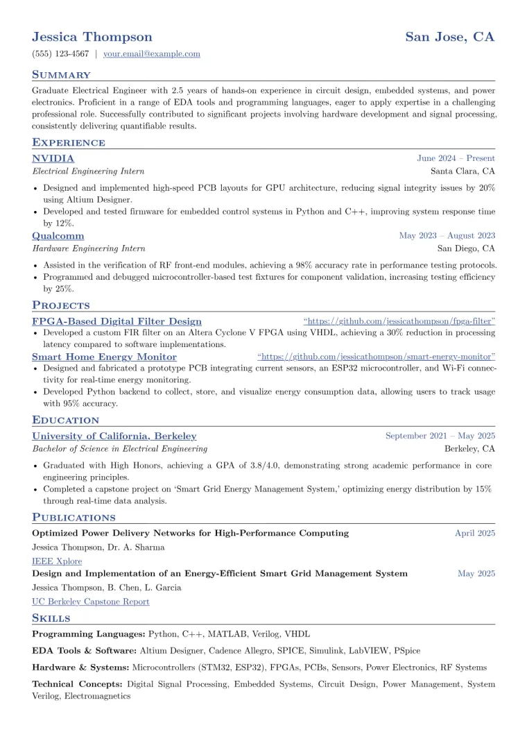 Graduate Electrical Engineer Resume Example CV template preview