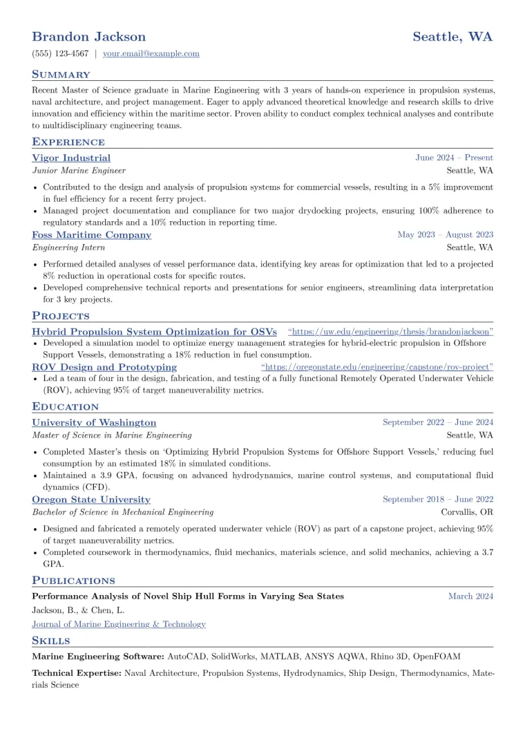 Graduate Marine Engineer Resume Example CV template preview