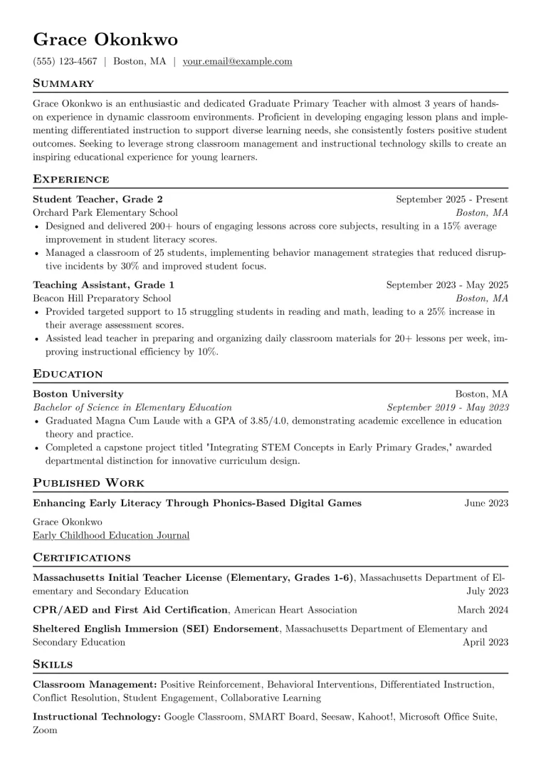Graduate Primary Teacher Resume Example CV template preview