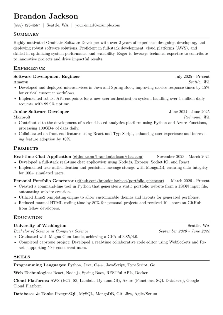 Graduate Software Developer Resume Example CV template preview