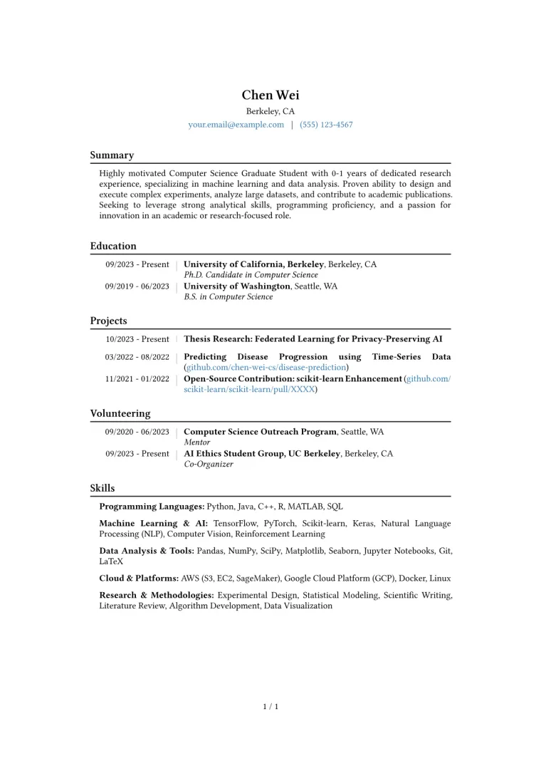 Graduate Student Resume Example CV template preview
