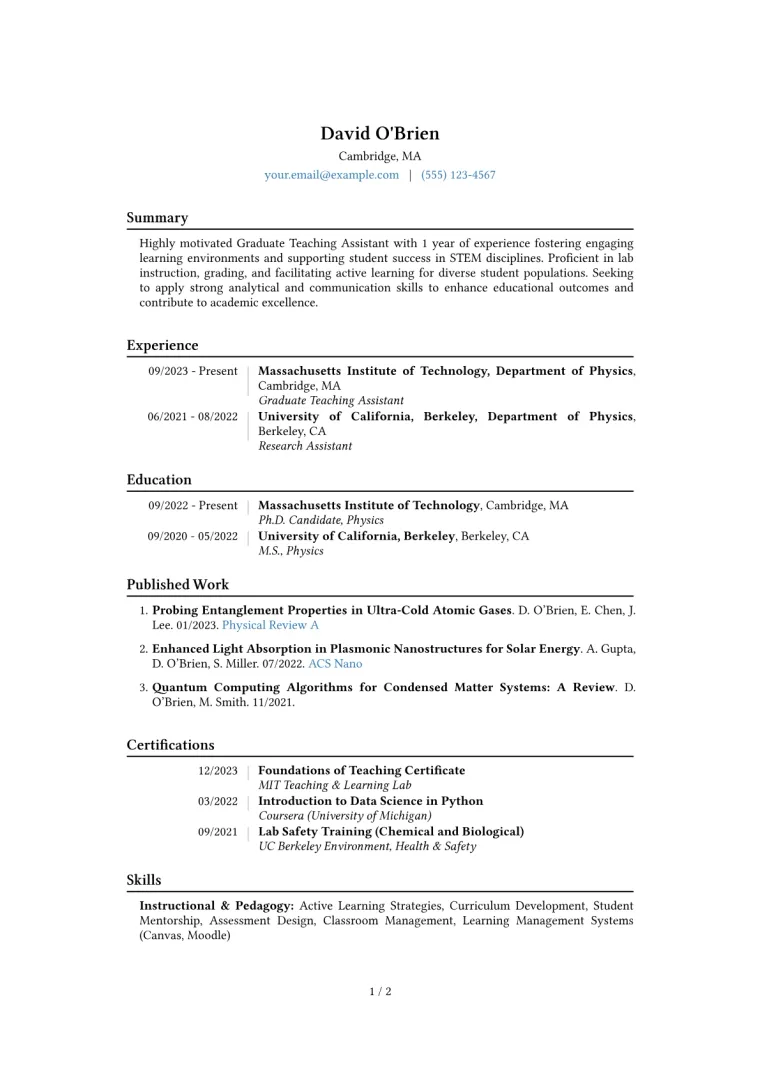 Graduate Teaching Assistant Resume Example CV template preview
