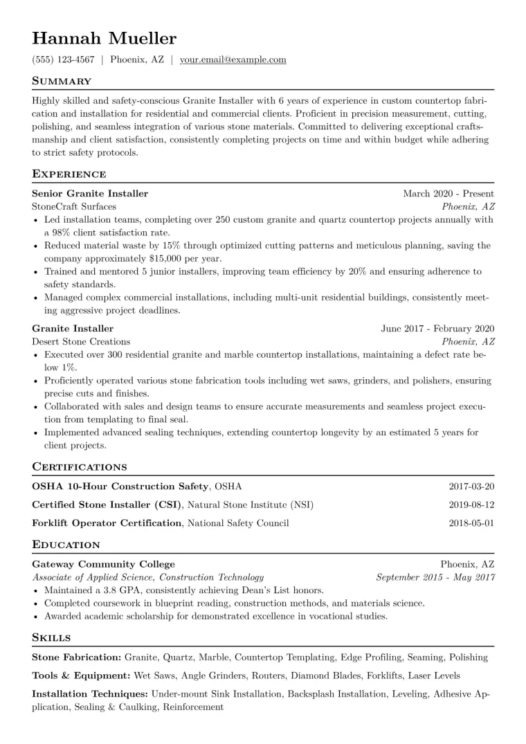 Granite Installer Resume Example CV template preview
