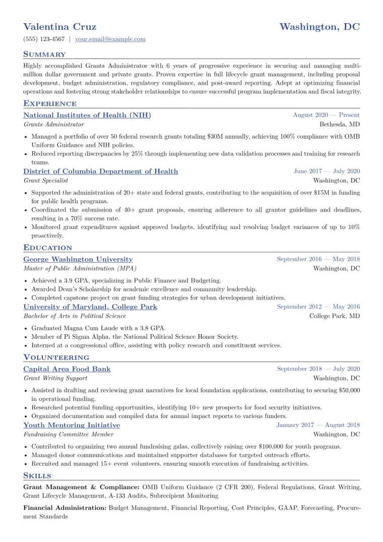 Grants Administrator Resume Example CV template preview