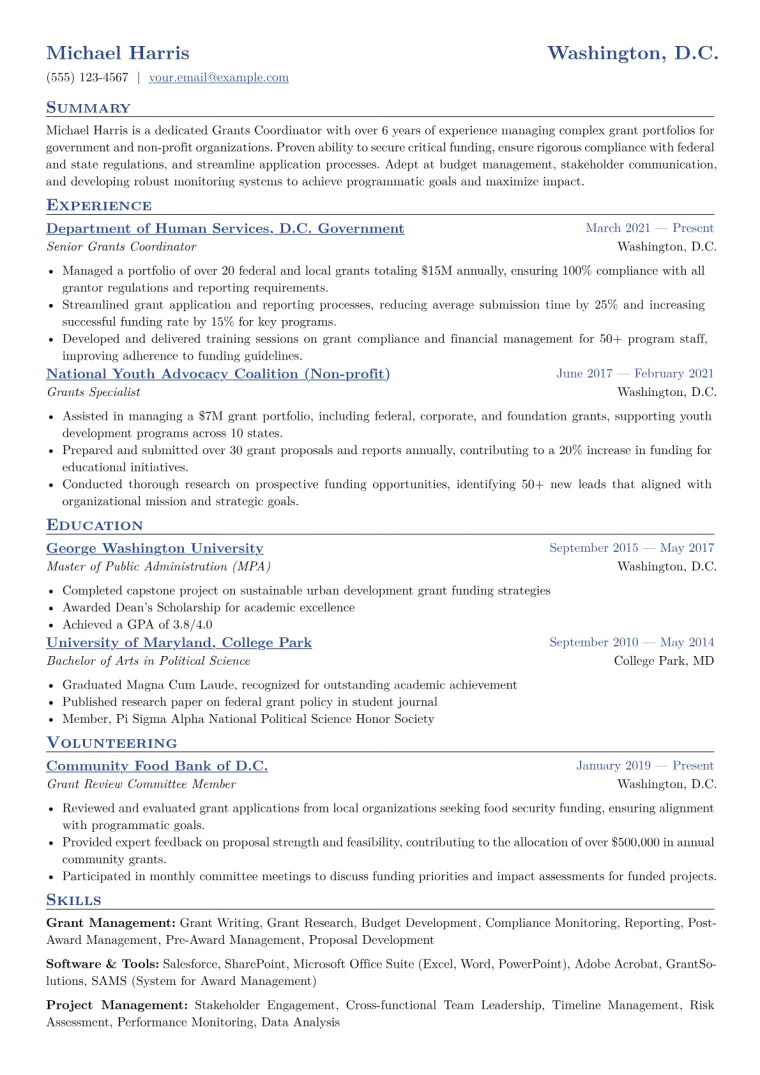 Grants Coordinator Resume Example CV template preview