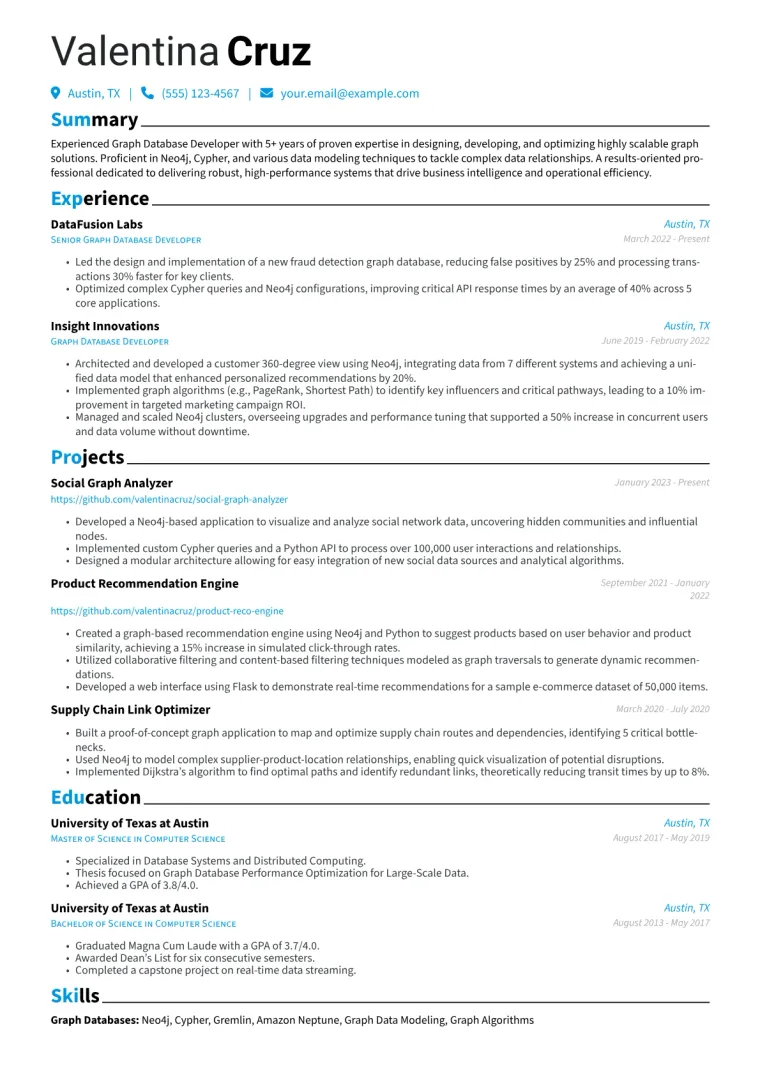 Graph Database Developer Resume Example CV template preview