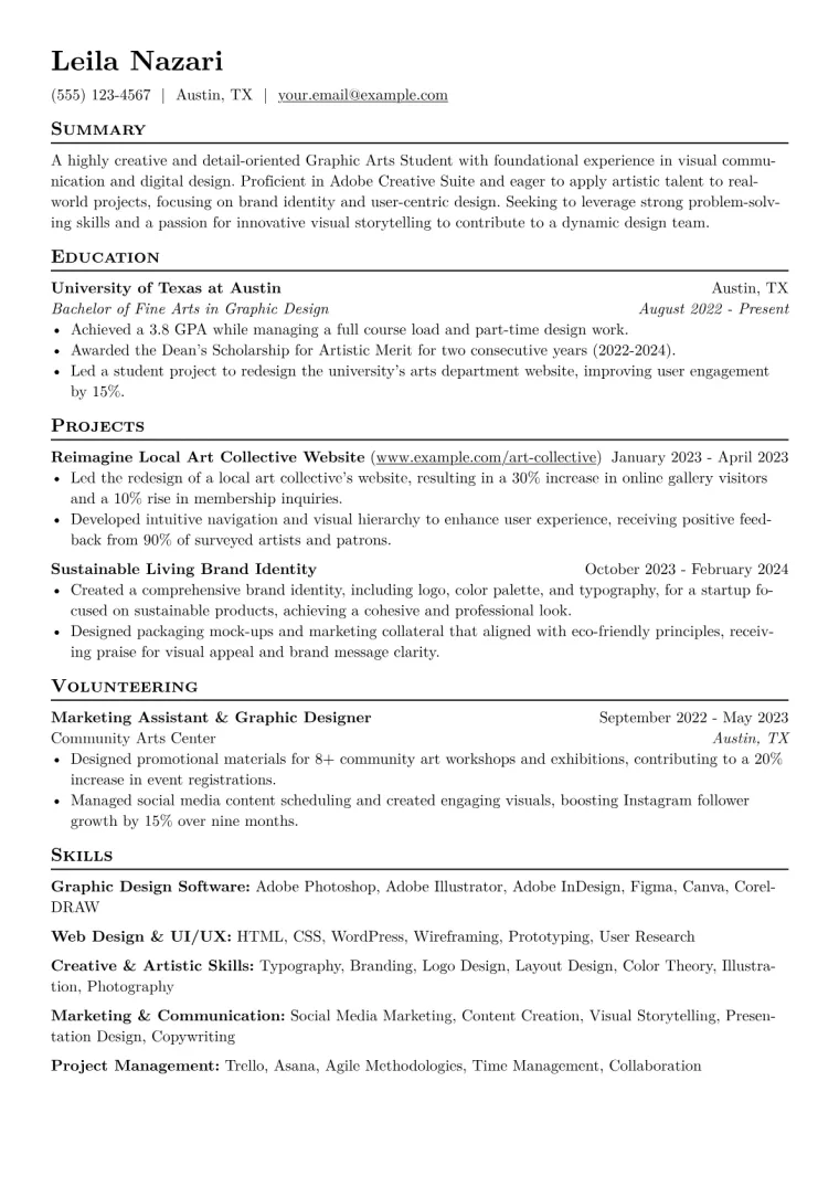 Graphic Arts Student Resume Example CV template preview