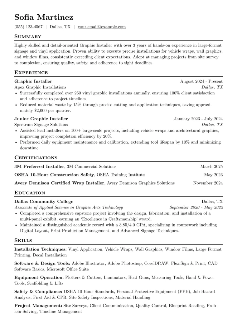 Graphic Installer Resume Example CV template preview