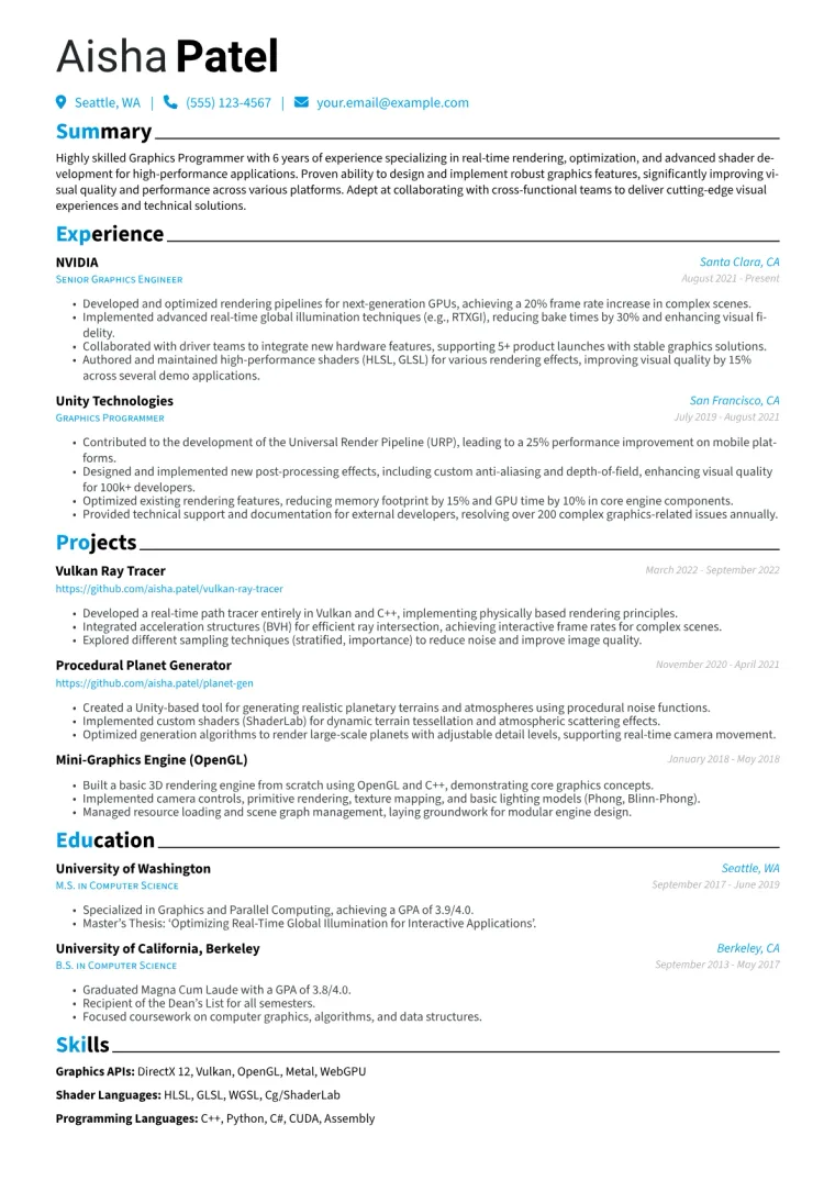 Graphics Programmer Resume Example CV template preview
