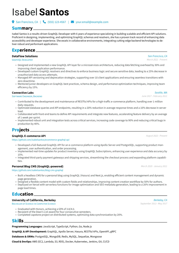 GraphQL Developer Resume Example CV template preview