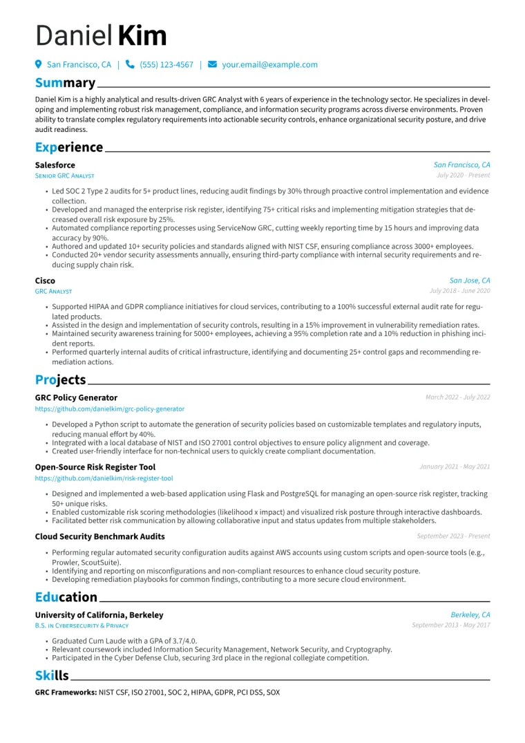 GRC Analyst Resume Example CV template preview
