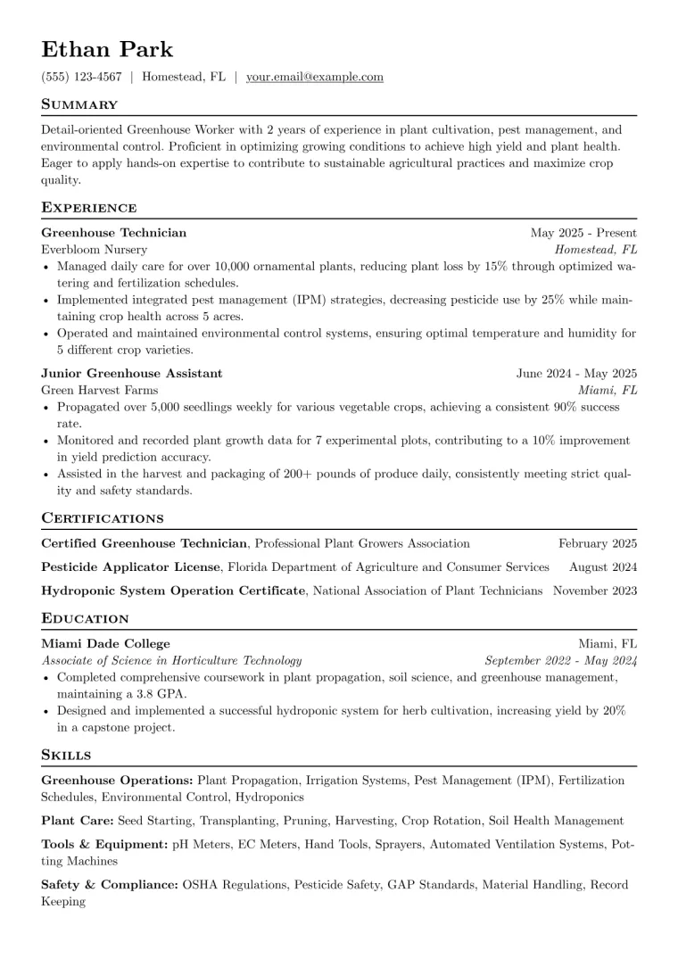 Greenhouse Worker Resume Example CV template preview
