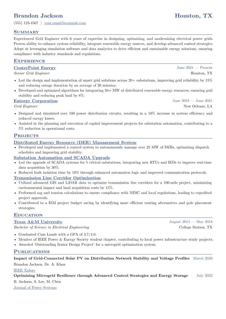 Grid Engineer Resume Example CV template preview