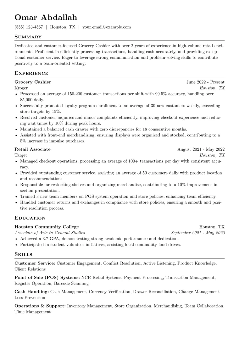 Grocery Cashier Resume Example CV template preview