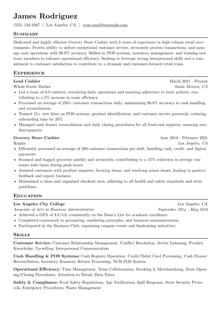 Grocery Store Cashier Resume Example CV template preview