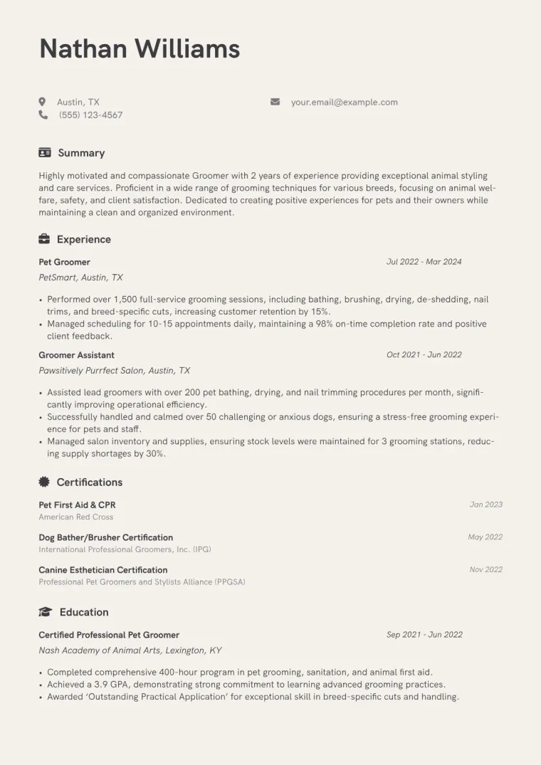 Groomer Resume Example CV template preview