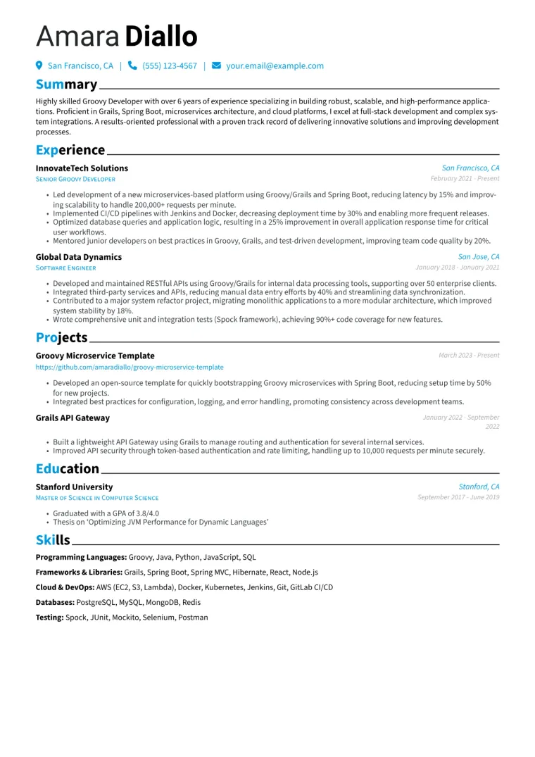 Groovy Developer Resume Example CV template preview