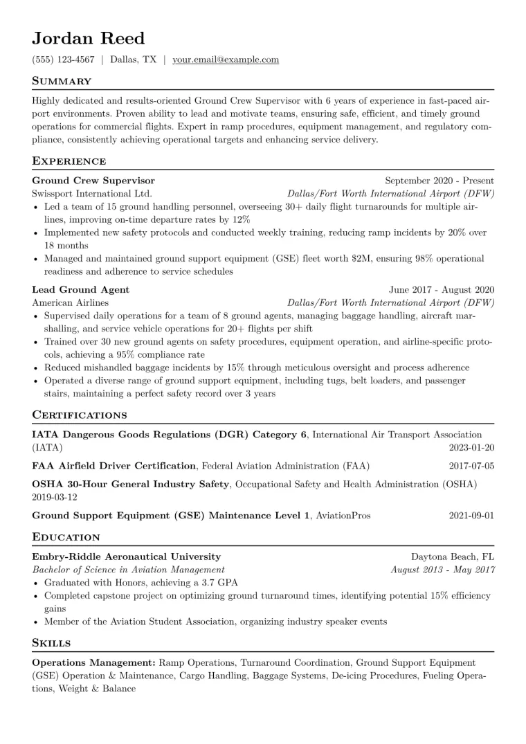 Ground Crew Supervisor Resume Example CV template preview