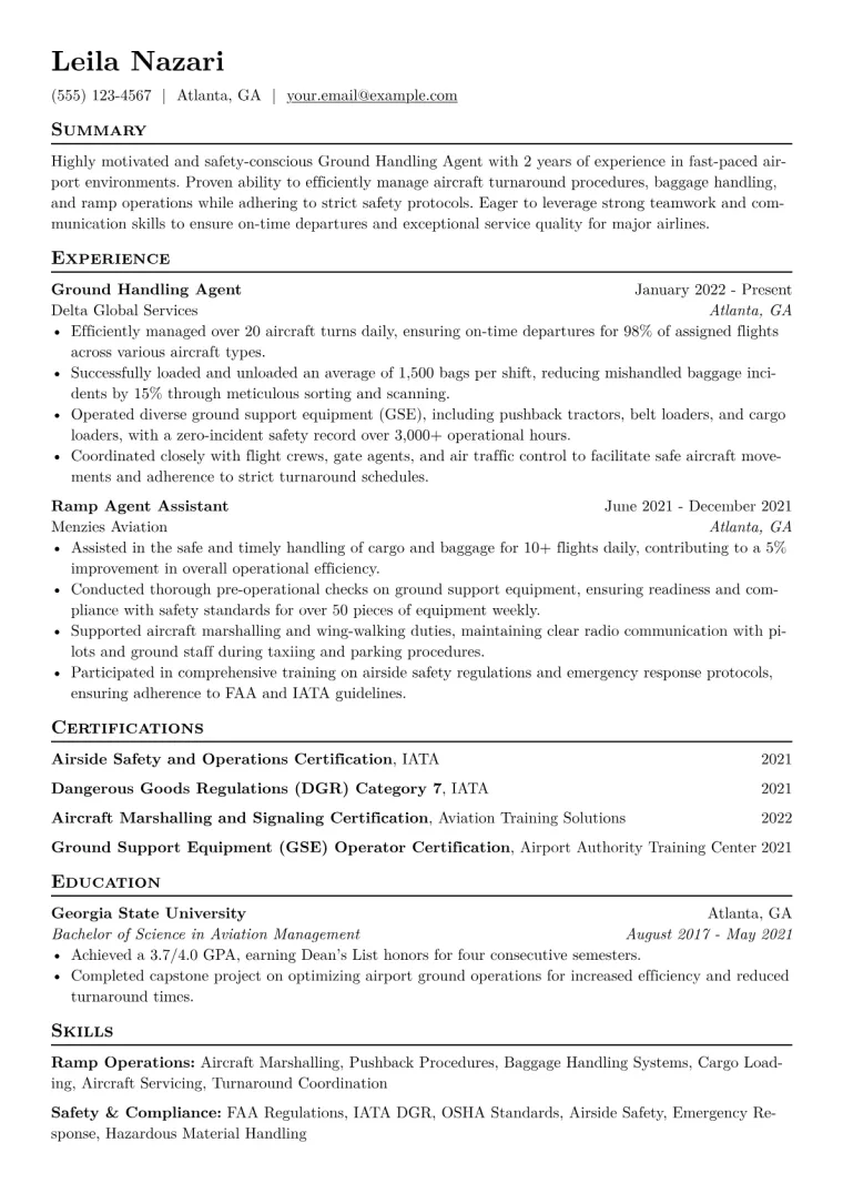 Ground Handling Agent Resume Example CV template preview