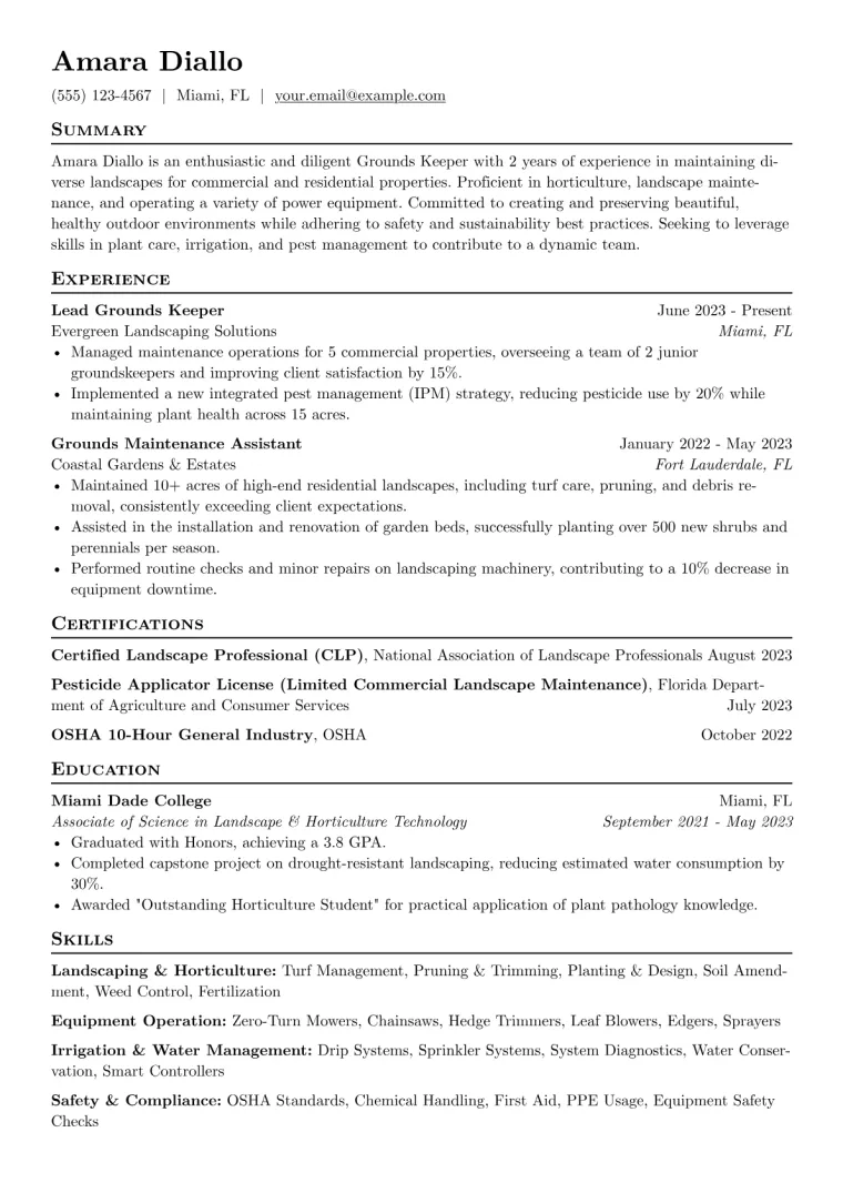 Grounds Keeper Resume Example CV template preview