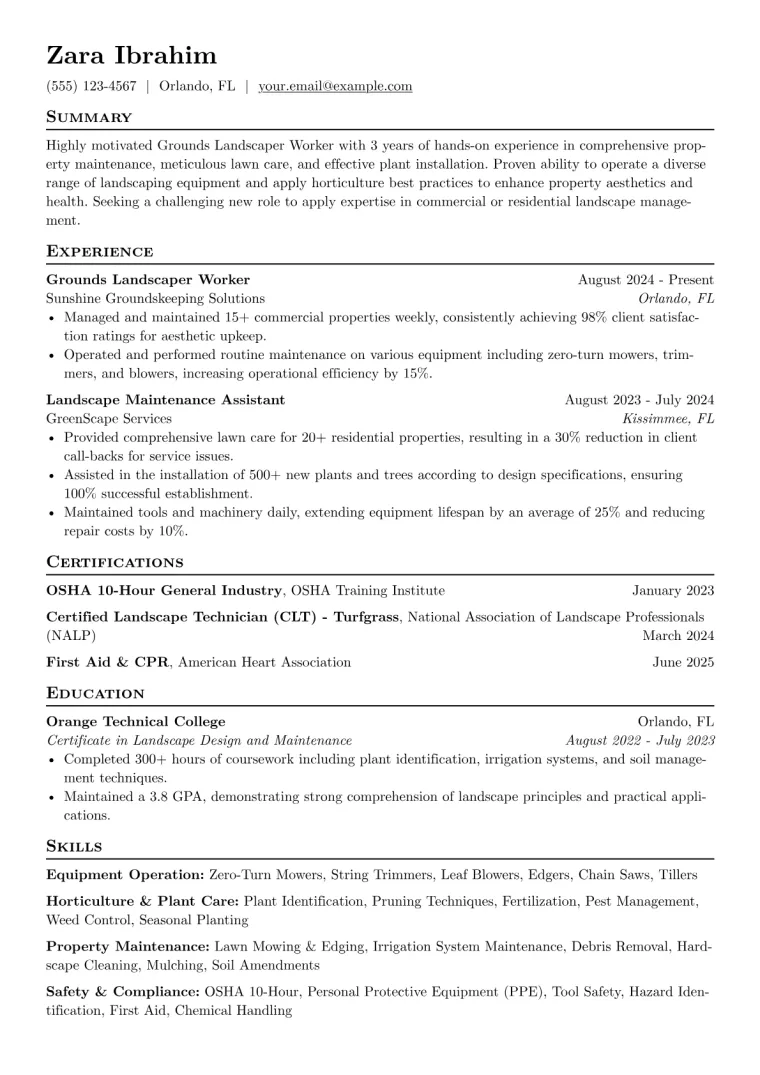 Grounds Landscaper Worker Resume Example CV template preview
