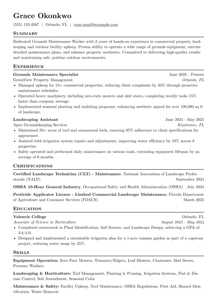 Grounds Maintenance Worker Resume Example CV template preview