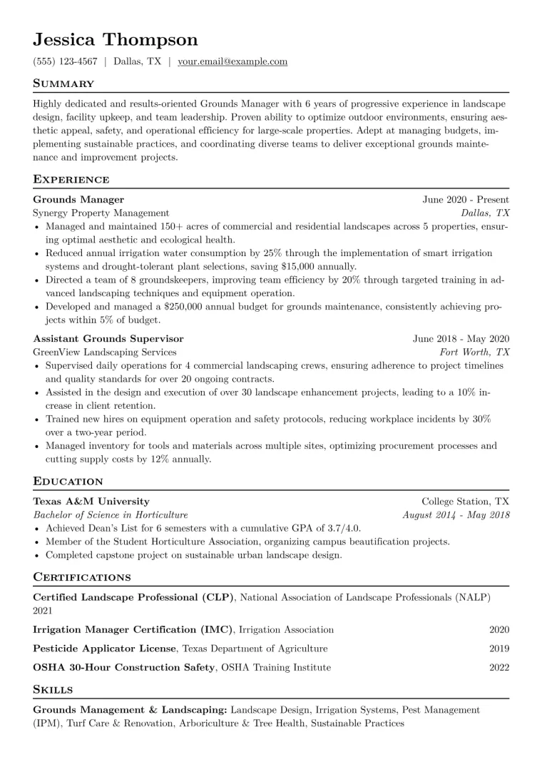 Grounds Manager Resume Example CV template preview