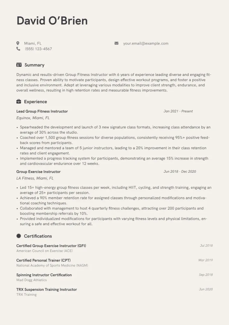 Group Fitness Instructor Resume Example CV template preview