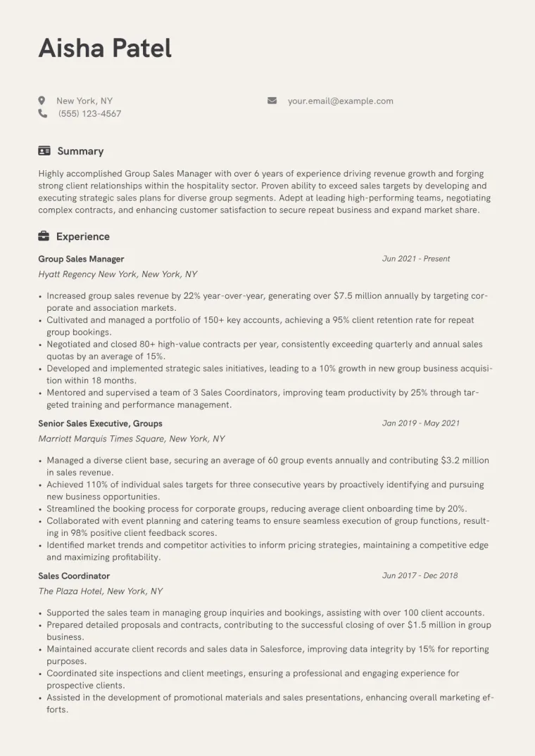 Group Sales Manager Resume Example CV template preview