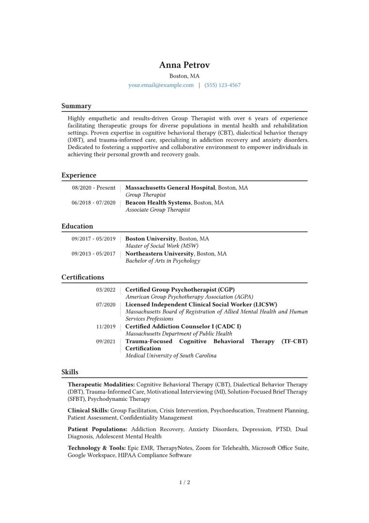 Group Therapist Resume Example CV template preview