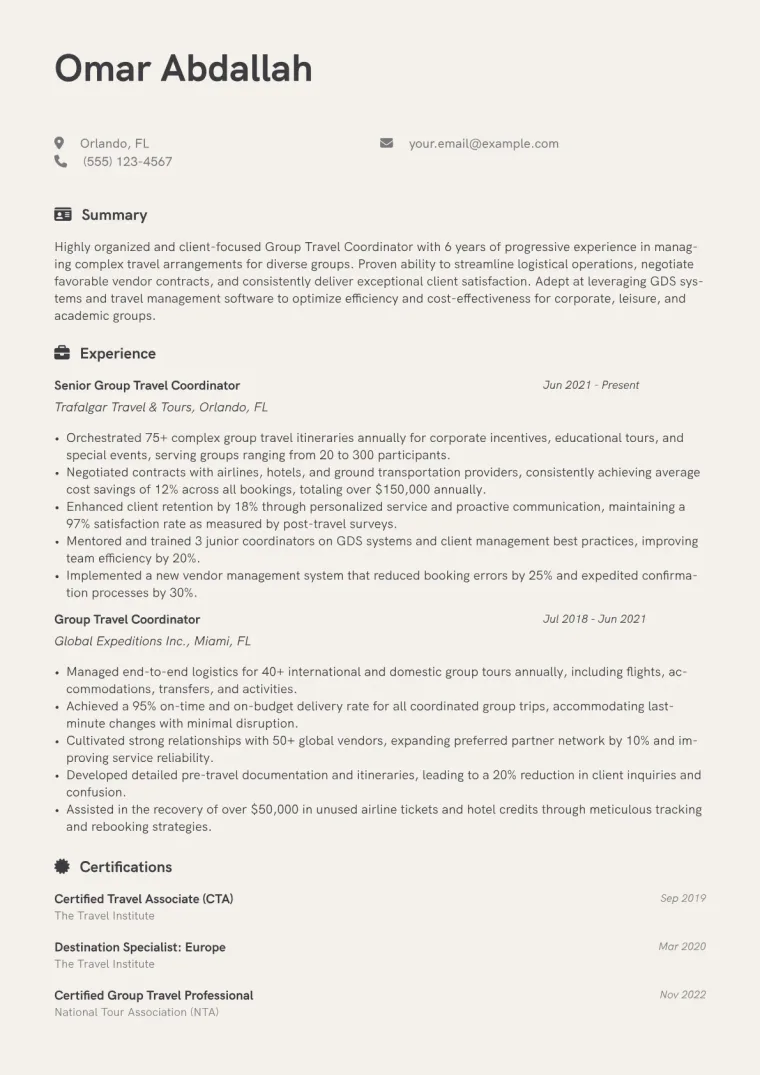 Group Travel Coordinator Resume Example CV template preview