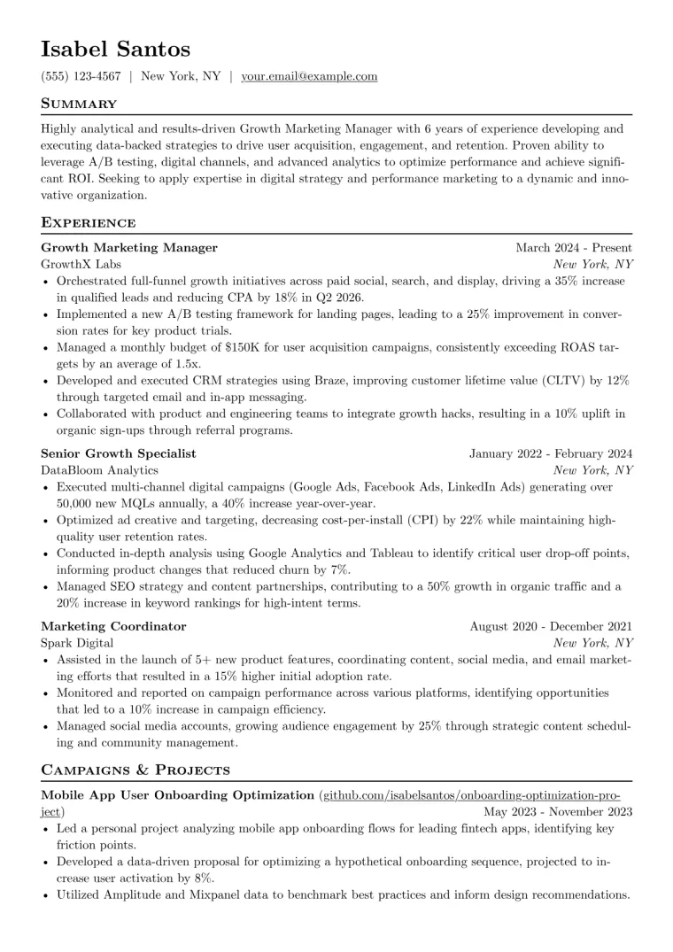Growth Marketing Manager Resume Example CV template preview