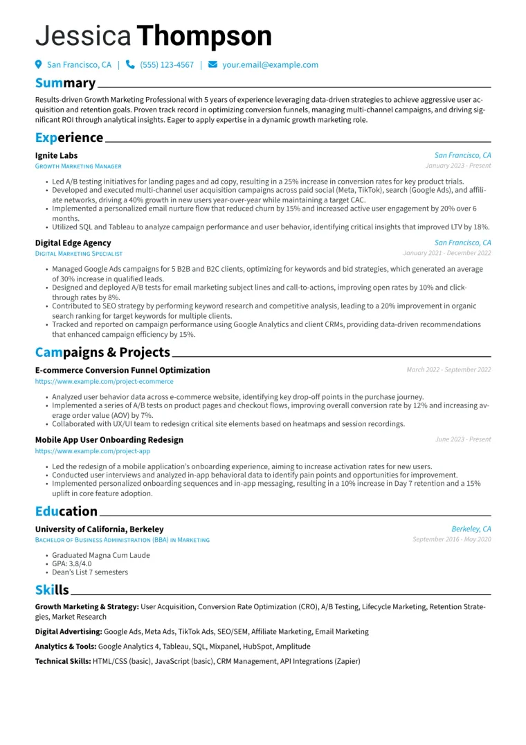 Growth Marketing Professional Resume Example CV template preview