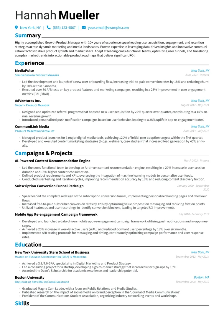 Growth Product Manager Resume Example CV template preview