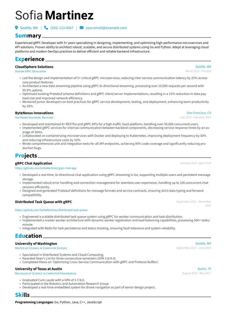 gRPC Developer Resume Example CV template preview