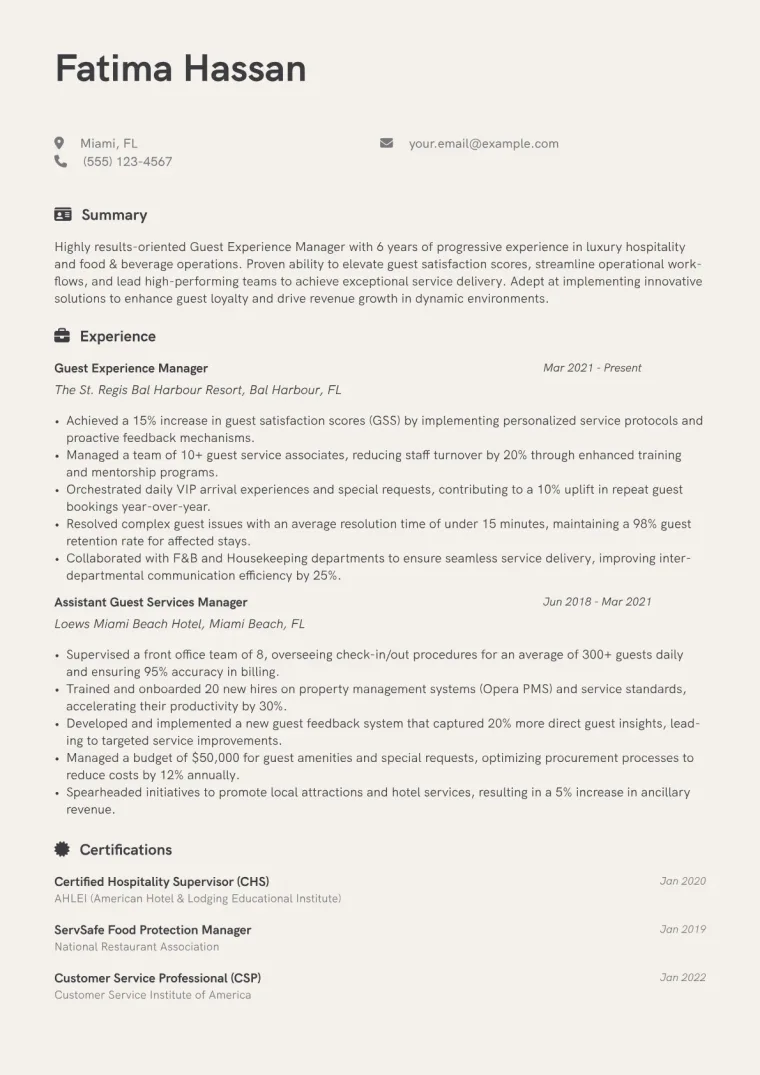 Guest Experience Manager Resume Example CV template preview