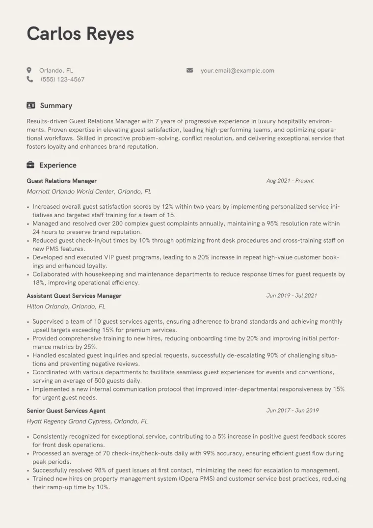 Guest Relations Manager Resume Example CV template preview