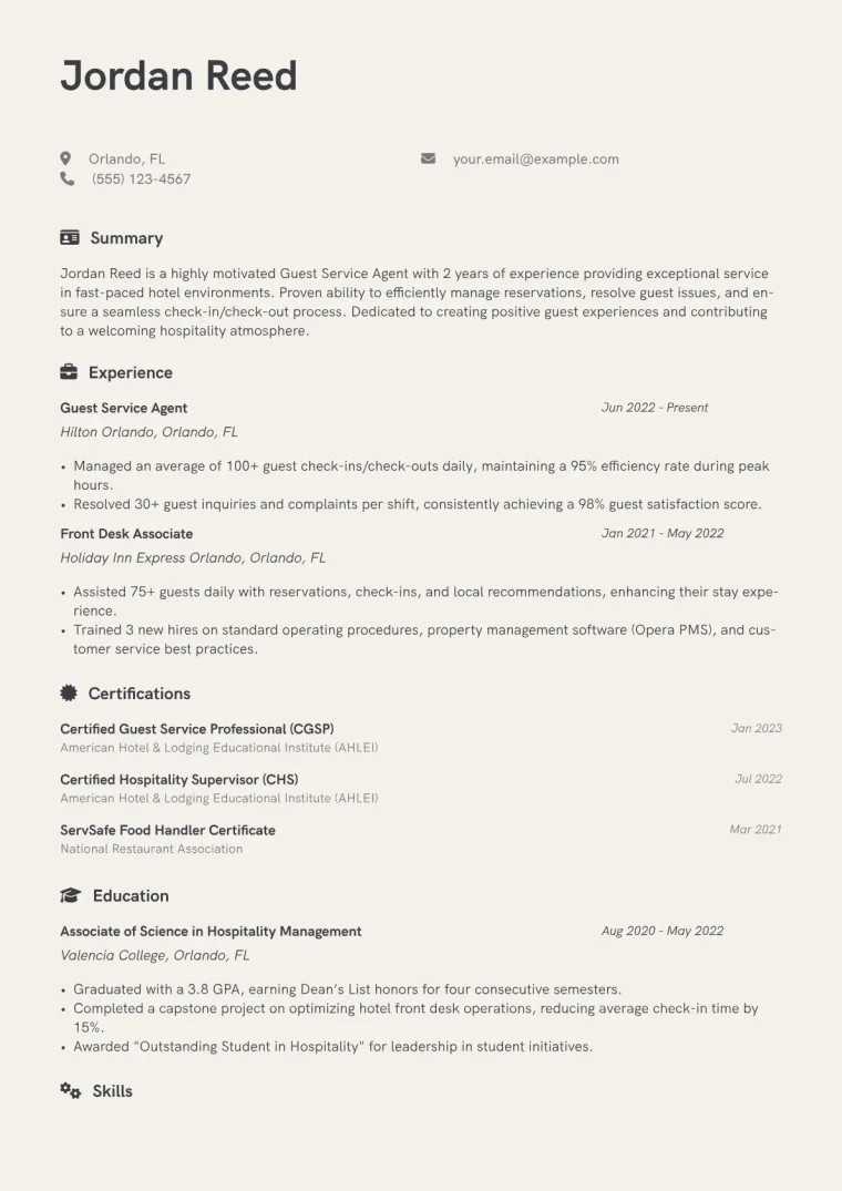 Guest Service Agent Resume Example CV template preview