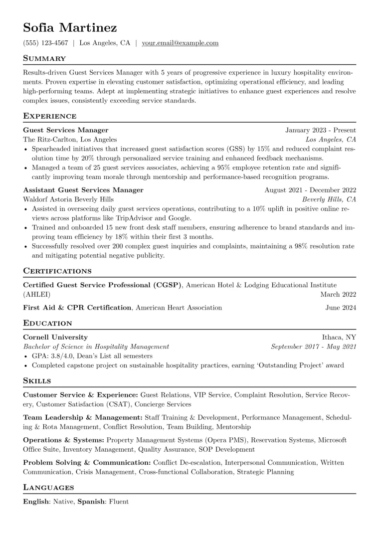 Guest Services Manager Resume Example CV template preview