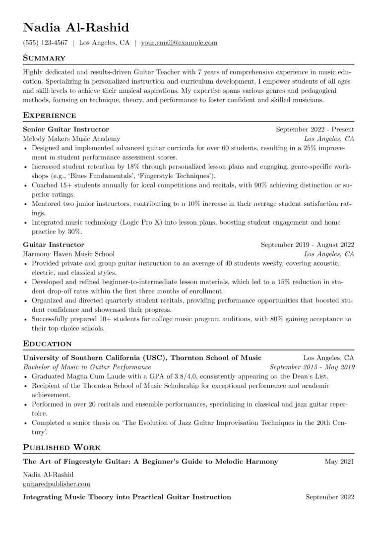 Guitar Teacher Resume Example CV template preview