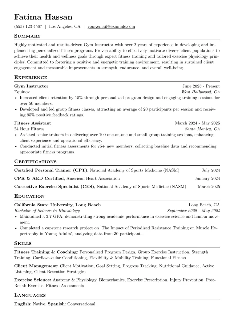 Gym Instructor Resume Example CV template preview