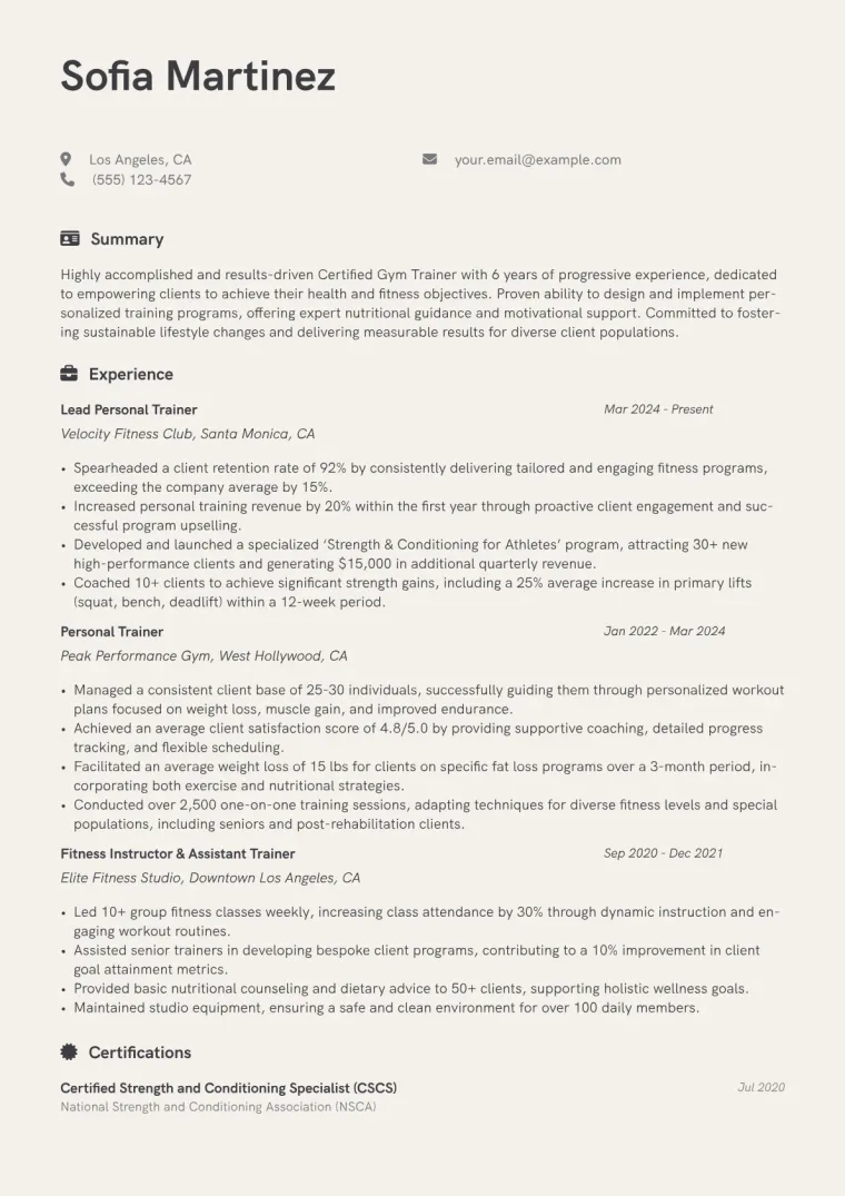 Gym Trainer Resume Example CV template preview