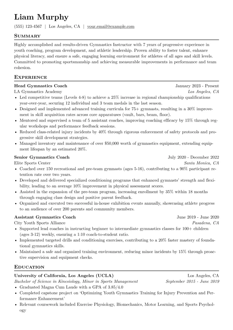 Gymnastics Instructor Resume Example CV template preview