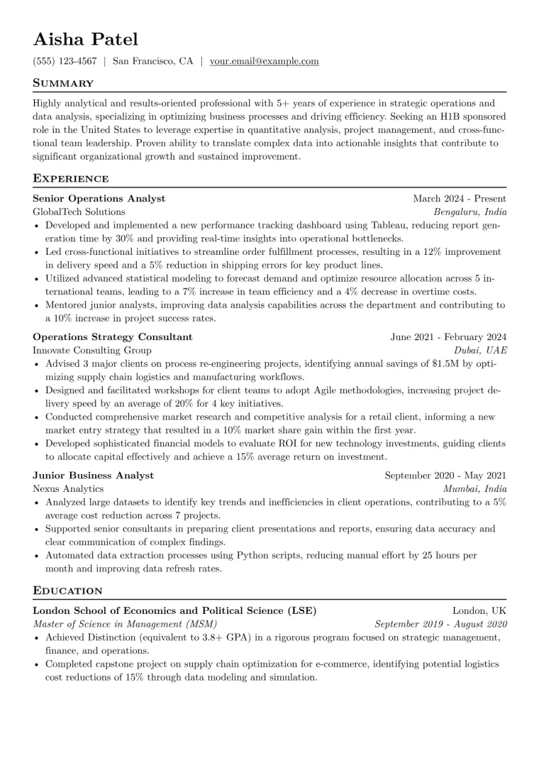 H1B Applicant Resume Example CV template preview
