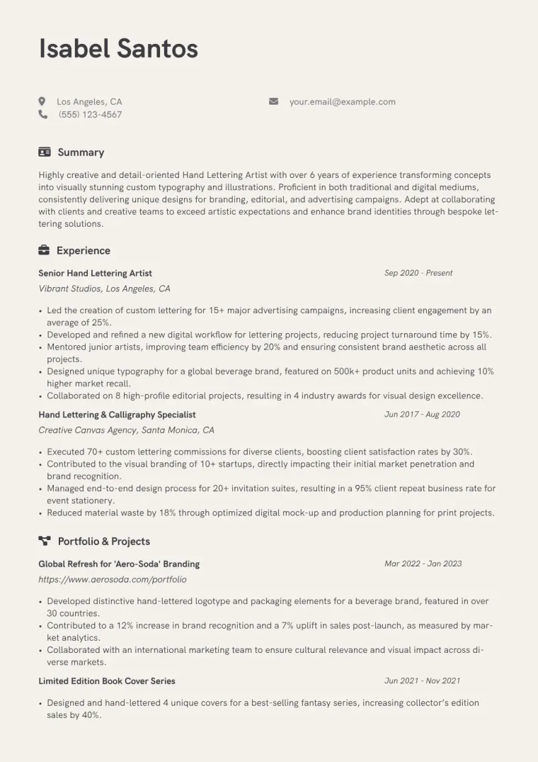 Hand Lettering Artist Resume Example CV template preview