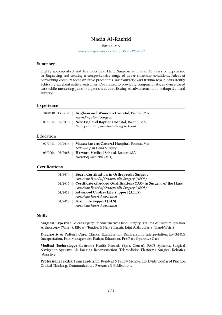 Hand Surgeon Resume Example CV template preview
