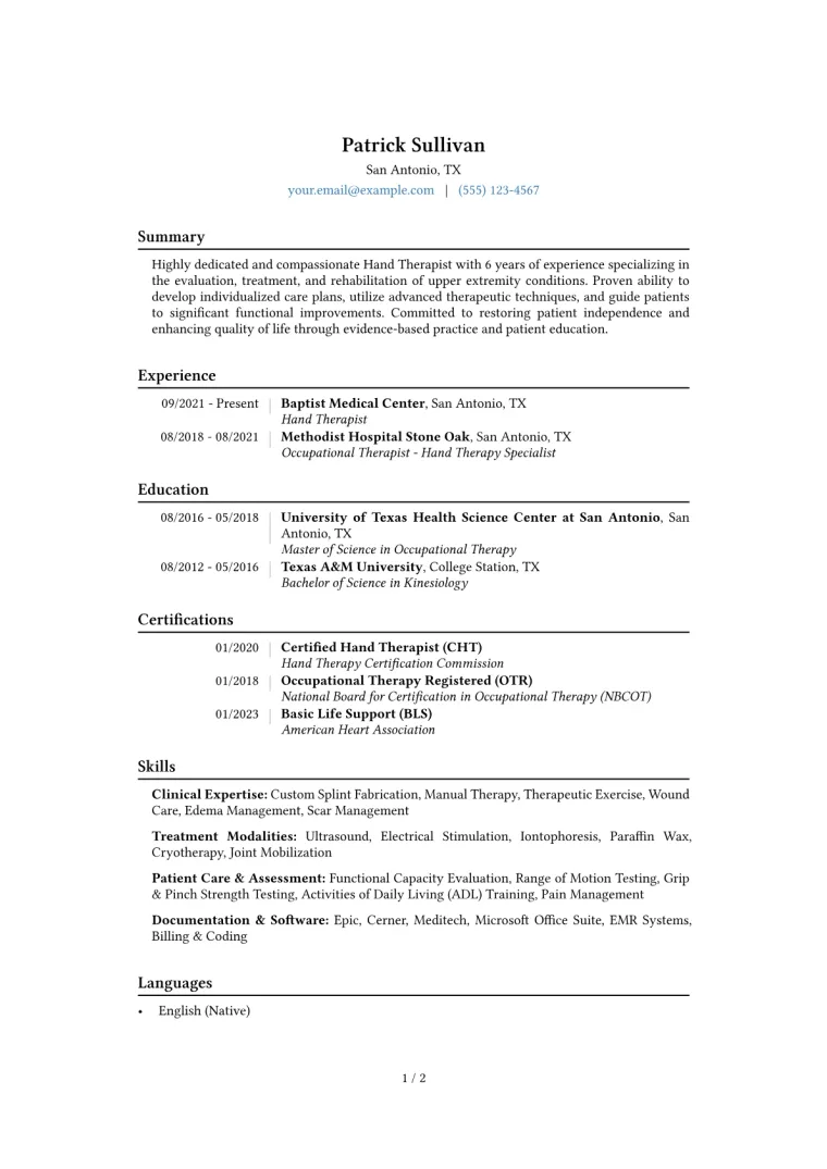 Hand Therapist Resume Example CV template preview