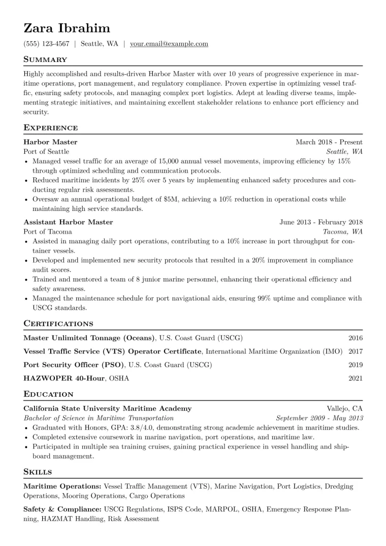 Harbor Master Resume Example CV template preview